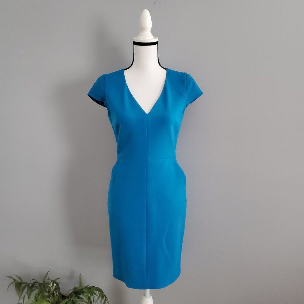 Jaeger Cap Sleeve Slit Pocket Blue Dress Size 8